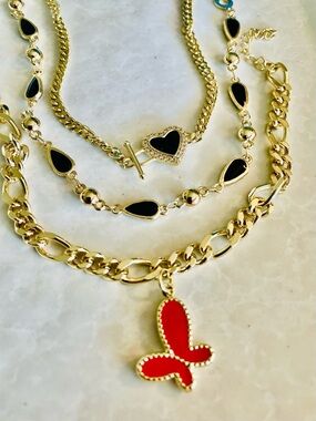 18k Gold Plated Bracelet Trio with Black & Red Accents